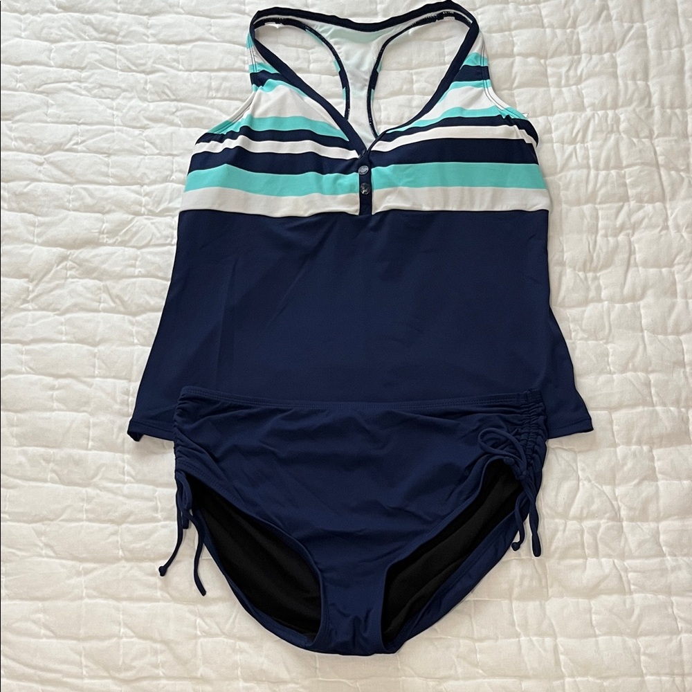 Beach House Navy and Aqua two piece bathing suit.